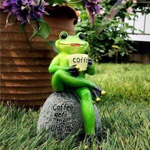 Frog Statue for Garden, Drinking Coffee Green Frog Figurine for Outdoor Decor